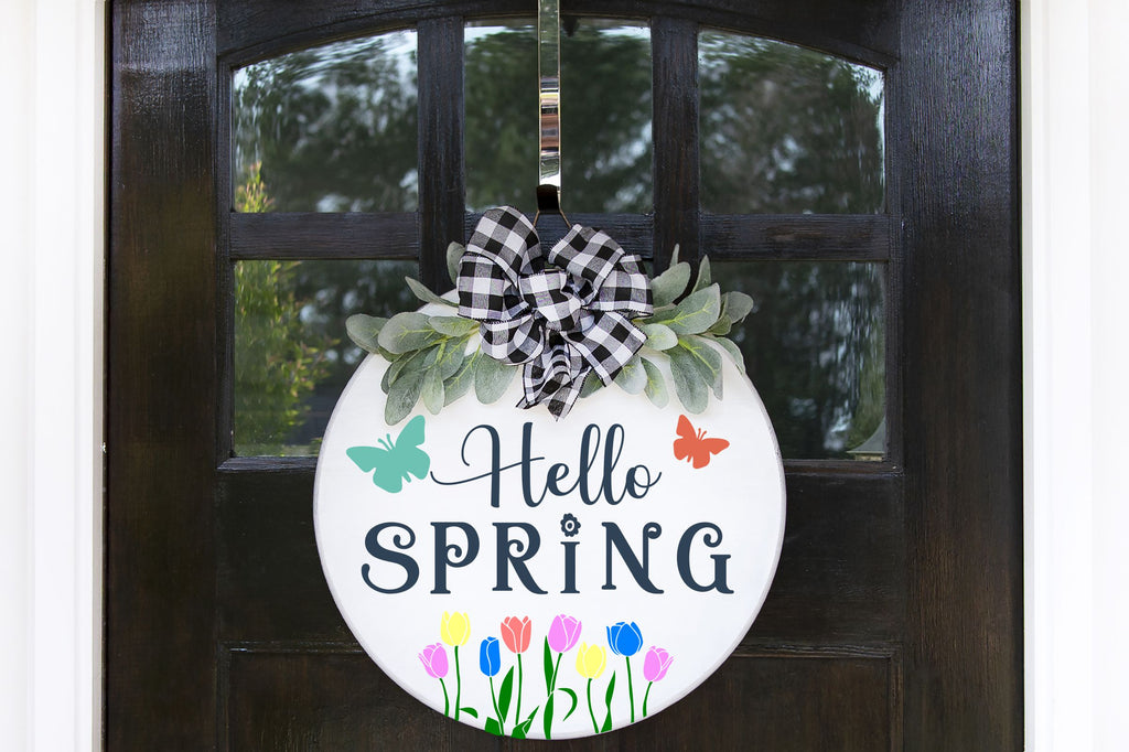 Hello Spring Butterfly Tulips Doorhanger