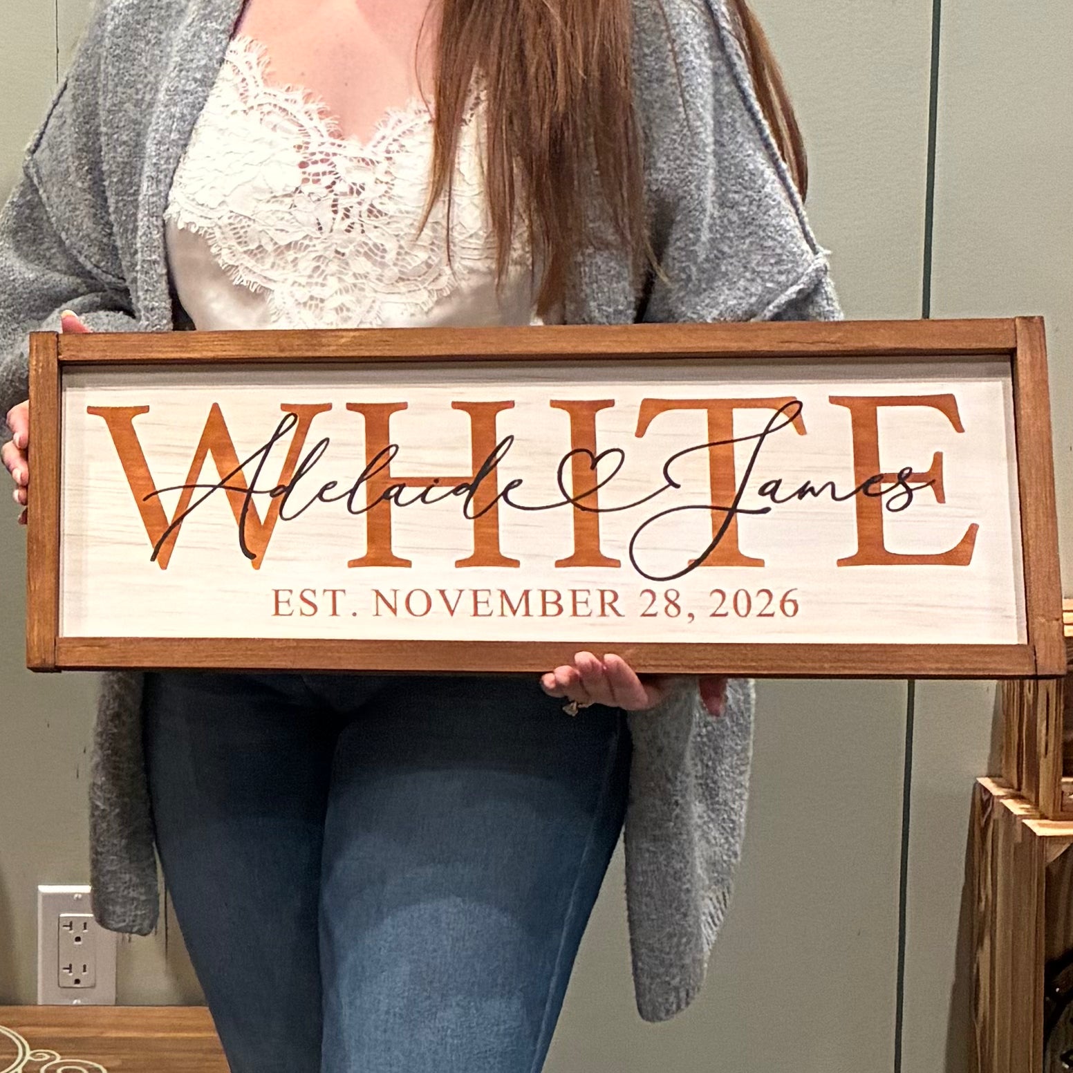 Couples Name Overlay Heart Font Framed Sign
