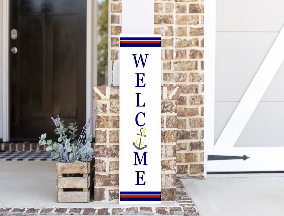 Welcome Anchor Stripes Porch Plank