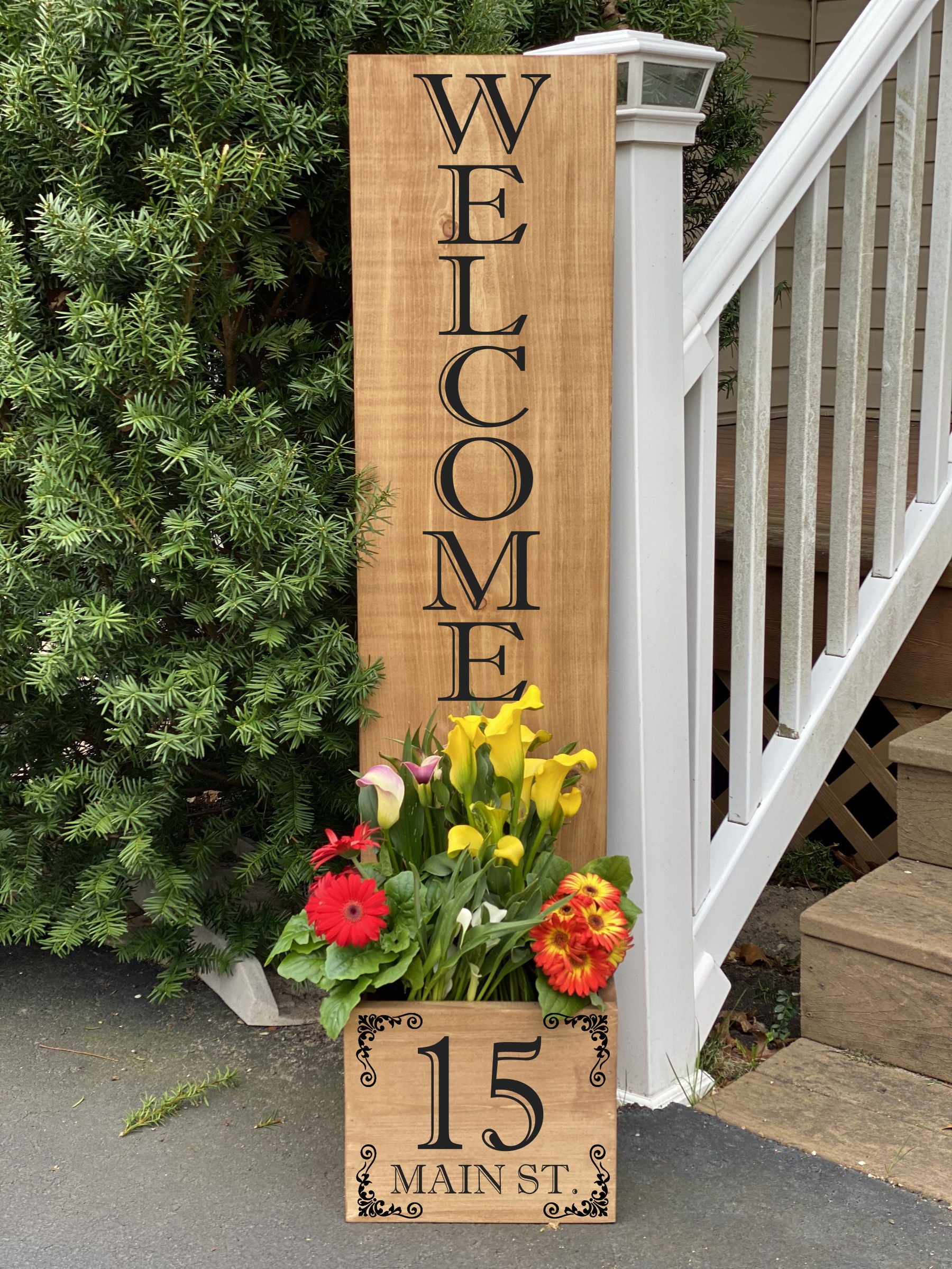house number with planter Welcome House Number Porch Plank Planter