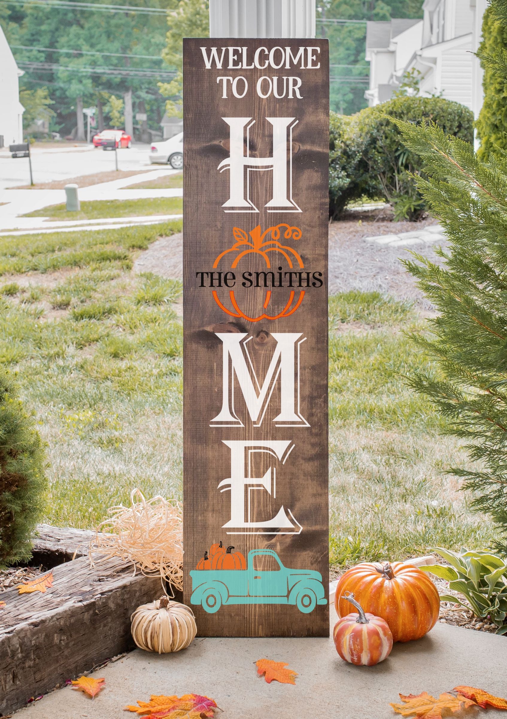 Welcome To Our Home Family Name Pumpkin Porch Plank