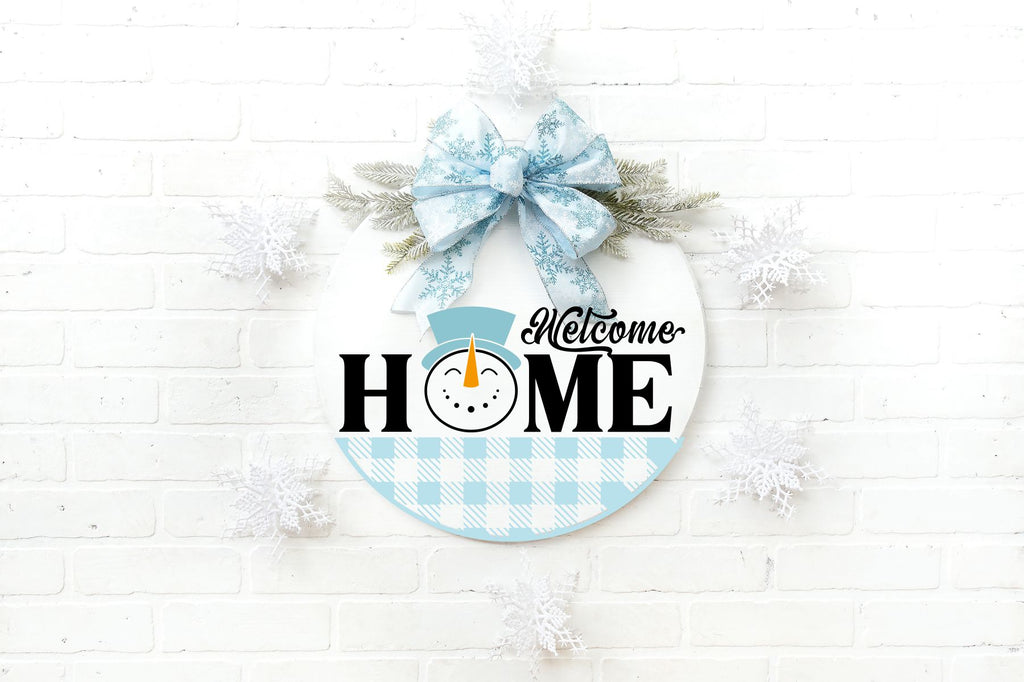 Welcome Home Plaid Snowman Doorhanger