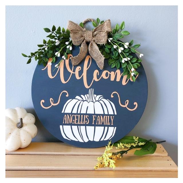 Welcome Family Name Pumpkin Doorhanger